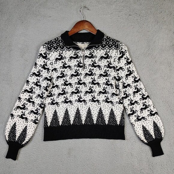 LOFT Sweaters - Loft Sweater Women XS Ivory Reindeer Wool Blend 1/4 Zip Balloon Sleeve Christmas